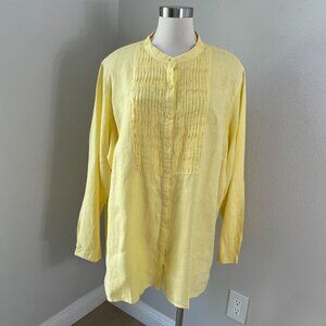 LL Bean Womens Plus 3X Yellow 100% Linen Pintuck Button Up Shirt Blouse Top
